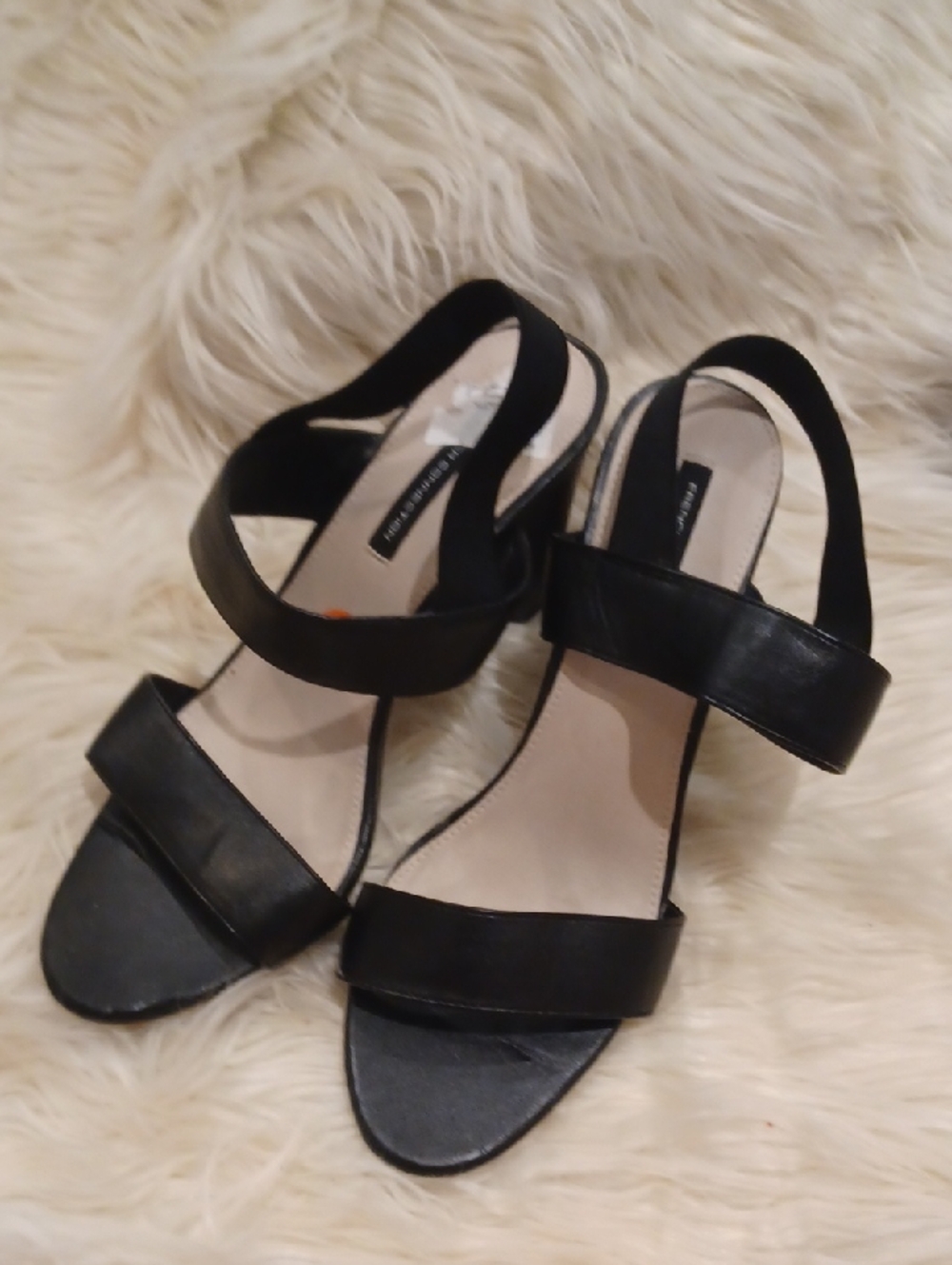French Connection Black Two-Strap Block Heel Sandals